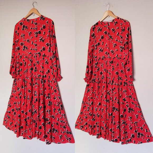 ZARA Angel Floral Tiered Midi Maxi Dress S Red Blogger Favorite Colorful Flowy - Picture 5 of 16